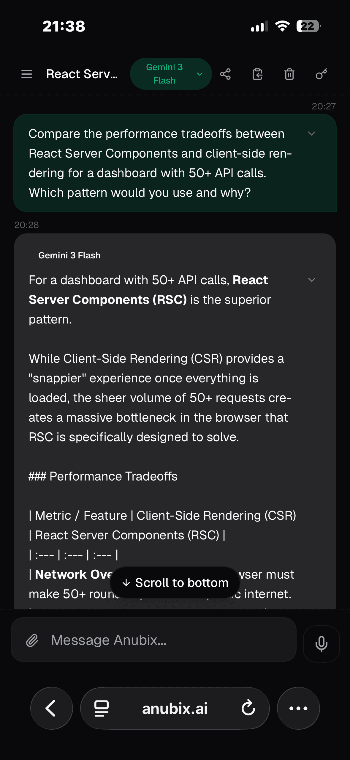 Anubix AI chat with Gemini comparing React patterns